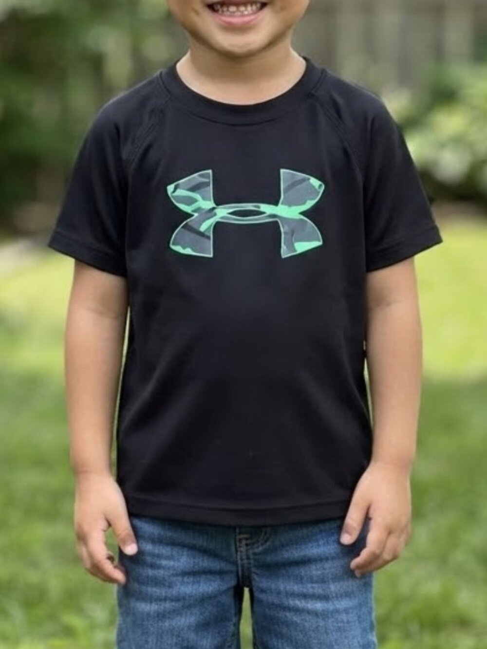 UNDER ARMOUR Black & Green Camo Logo HeatGear Boys Short Sleeve T-Shirt Size 6